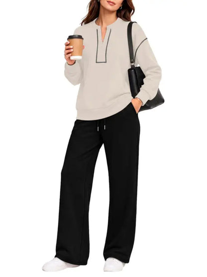 Contrast-Stitch Notched Neck 2-Piece Loungewear Set