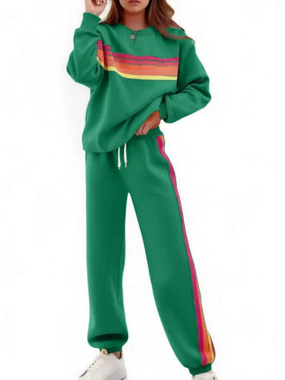 Women Retro Rainbow Stripe 2 Piece Sweat Loungewear Set