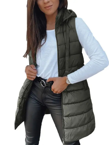 Women Solid Long Hooded Puffer Vest Side Slit Outerwear With Pockets
