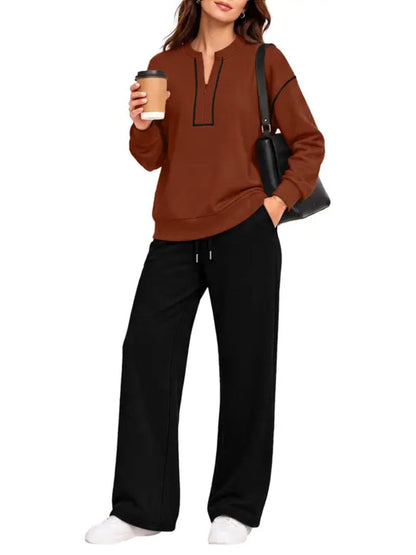 Contrast-Stitch Notched Neck 2-Piece Loungewear Set