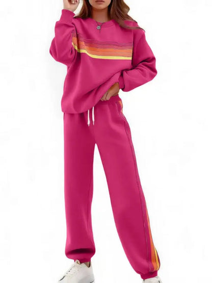 Women Retro Rainbow Stripe 2 Piece Sweat Loungewear Set