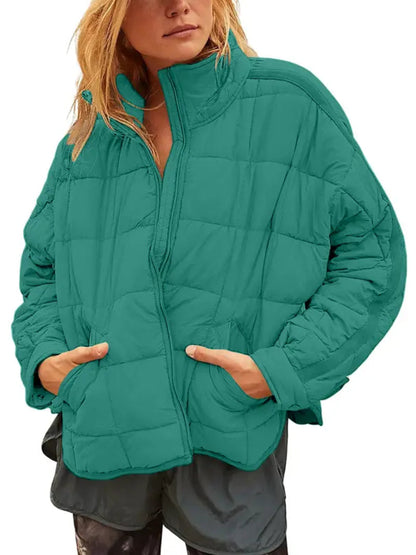 Women Lightweight Loose Fit Long Sleeve Zip Front Quilted Puffer Jacket