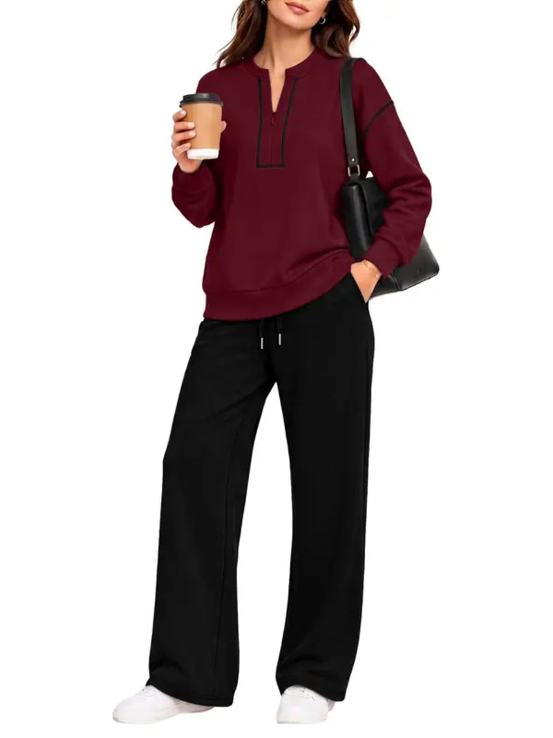 Contrast-Stitch Notched Neck 2-Piece Loungewear Set