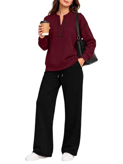 Contrast-Stitch Notched Neck 2-Piece Loungewear Set