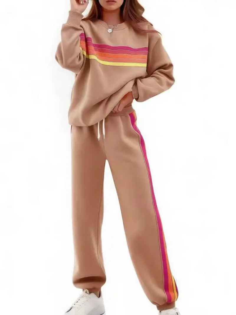 Women Retro Rainbow Stripe 2 Piece Sweat Loungewear Set