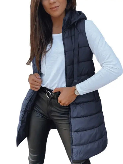 Women Solid Long Hooded Puffer Vest Side Slit Outerwear With Pockets