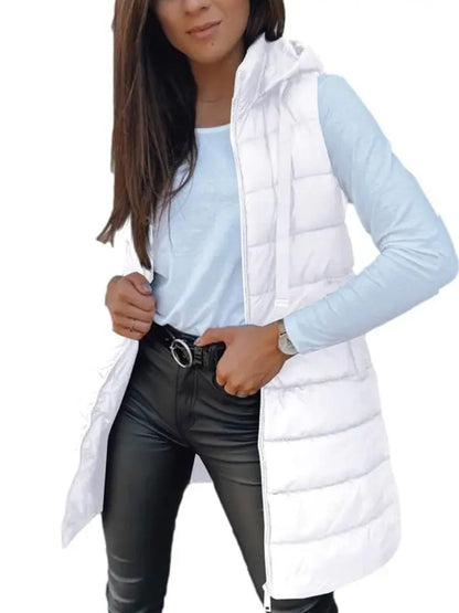 Women Solid Long Hooded Puffer Vest Side Slit Outerwear With Pockets