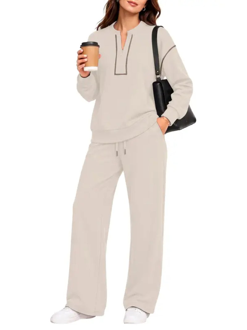 Contrast-Stitch Notched Neck 2-Piece Loungewear Set