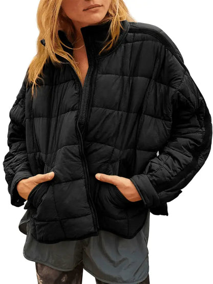 Women Lightweight Loose Fit Long Sleeve Zip Front Quilted Puffer Jacket