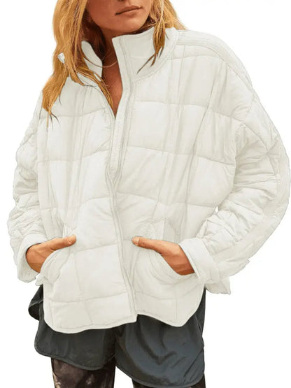 Women Lightweight Loose Fit Long Sleeve Zip Front Quilted Puffer Jacket