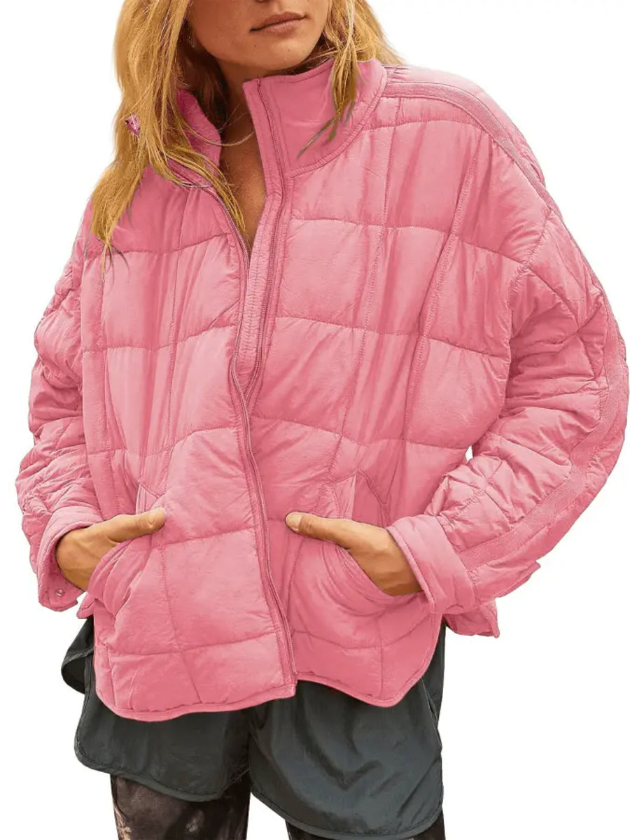 Women Lightweight Loose Fit Long Sleeve Zip Front Quilted Puffer Jacket