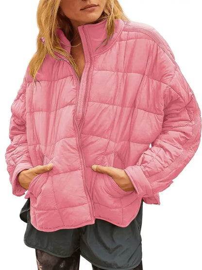 Women Lightweight Loose Fit Long Sleeve Zip Front Quilted Puffer Jacket