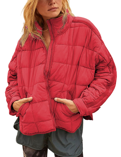 Women Lightweight Loose Fit Long Sleeve Zip Front Quilted Puffer Jacket