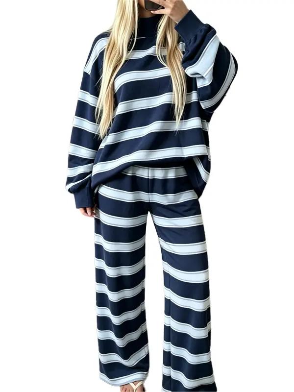 Women Striped Mock Neck 2 Piece Lounge Matching Set