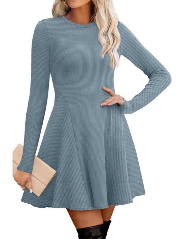 🔥Hot Sale-Women Crew Neck Long Sleeve Fit-and-Flare A-Line Sweater Dress
