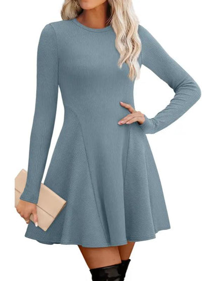 🔥Hot Sale-Women Crew Neck Long Sleeve Fit-and-Flare A-Line Sweater Dress