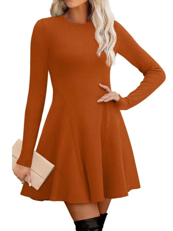 🔥Hot Sale-Women Crew Neck Long Sleeve Fit-and-Flare A-Line Sweater Dress