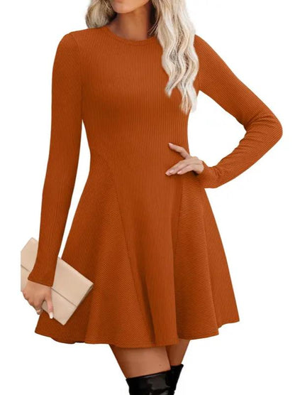 🔥Hot Sale-Women Crew Neck Long Sleeve Fit-and-Flare A-Line Sweater Dress