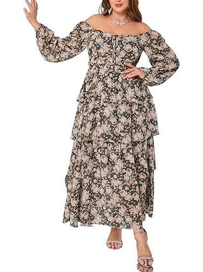 Women's Floral Ruffle Long Sleeves Layered Maxi Dress