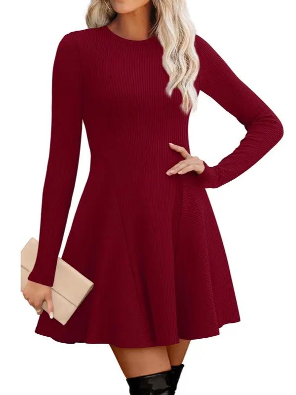 🔥Hot Sale-Women Crew Neck Long Sleeve Fit-and-Flare A-Line Sweater Dress