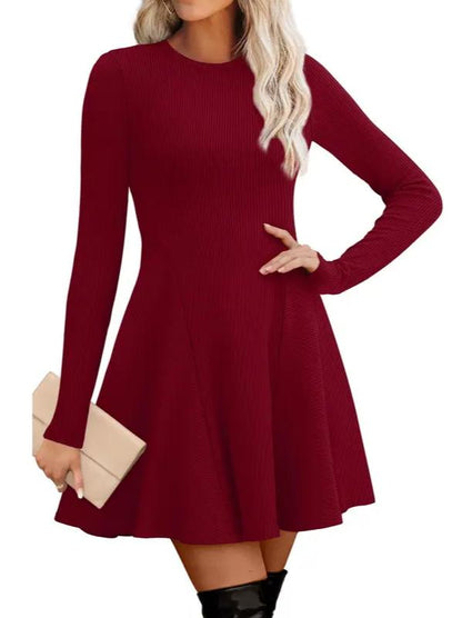 🔥Hot Sale-Women Crew Neck Long Sleeve Fit-and-Flare A-Line Sweater Dress