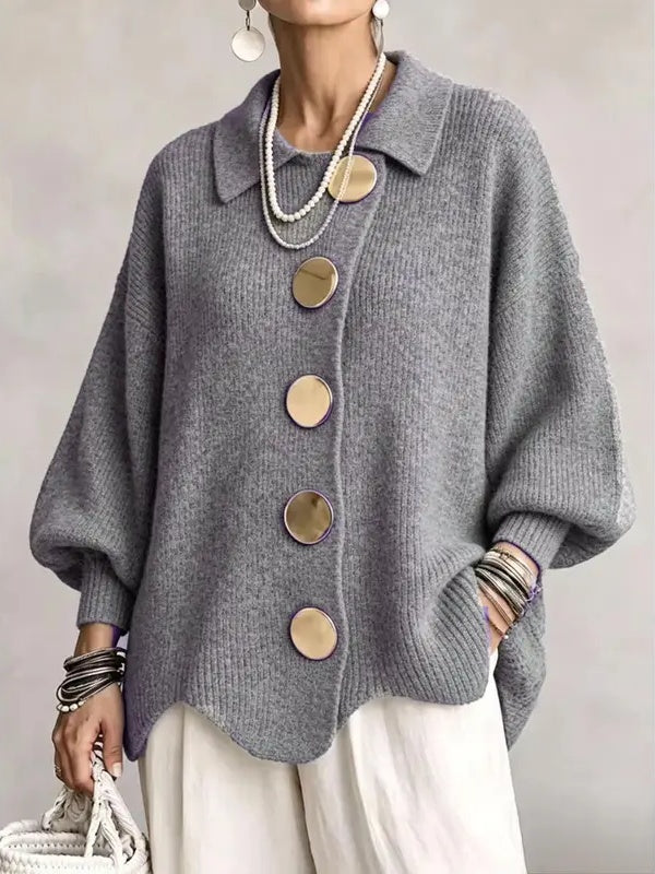 Women French Lapel Irregular Hem Lantern Sleeve Knit Cardigan
