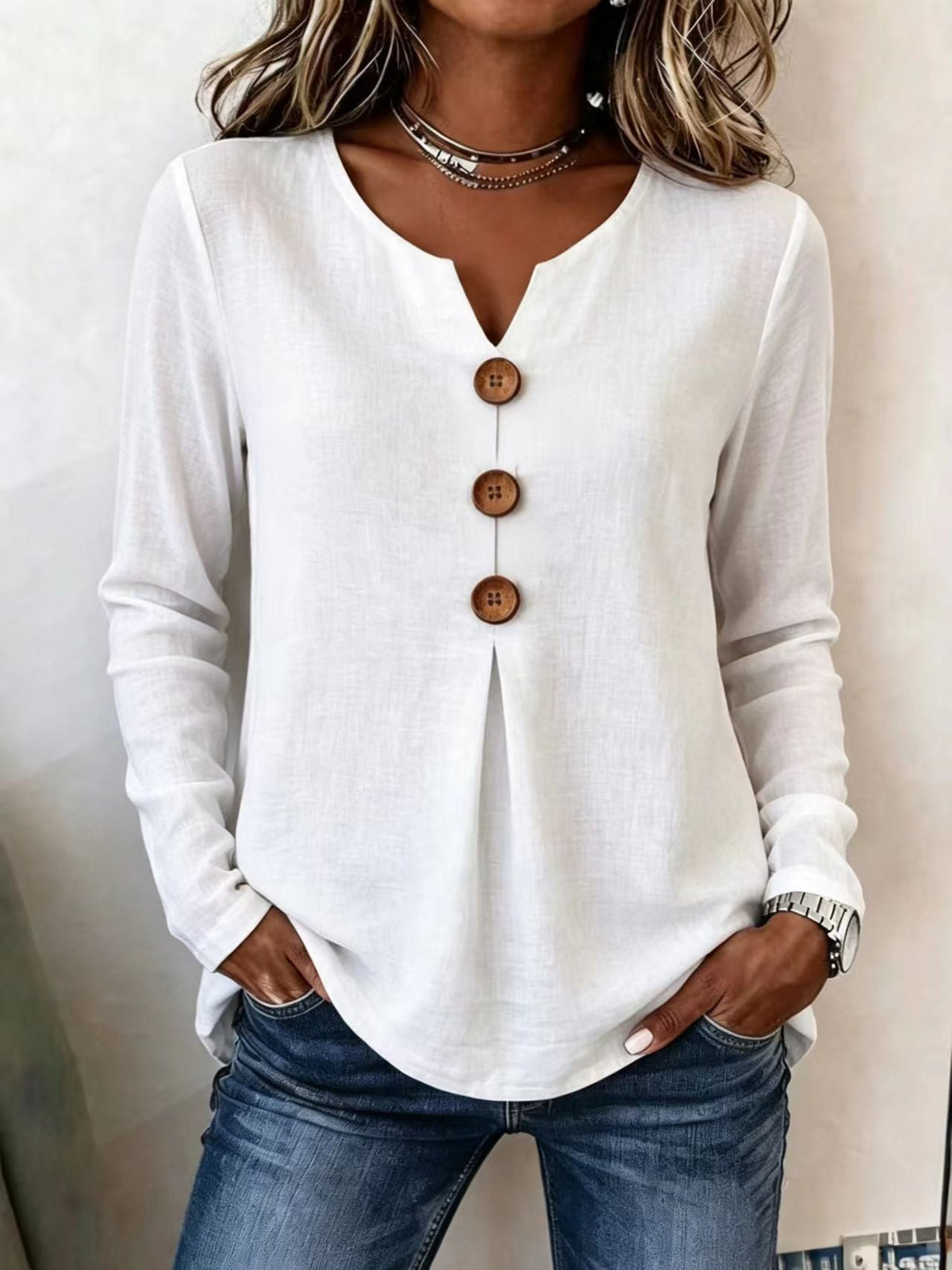 Retro Large Button V Neck Casual Long Sleeve Shirt