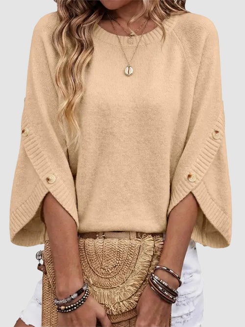 Women Crew Neck Split Button 3/4 Sleeve Oversized Knit Pullover