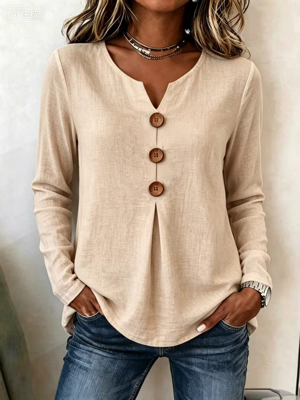 Retro Large Button V Neck Casual Long Sleeve Shirt