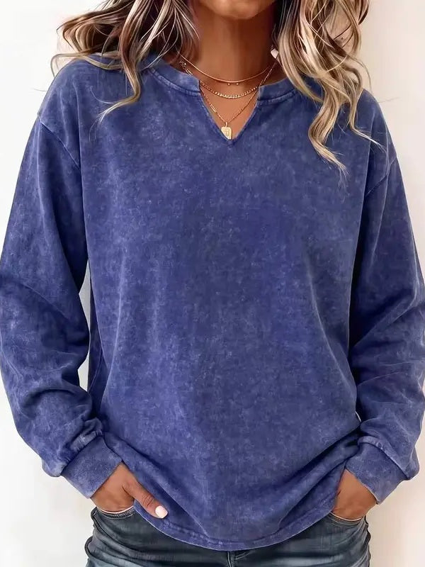 Vintage Washed Cotton Split V Neck Sweatshirt