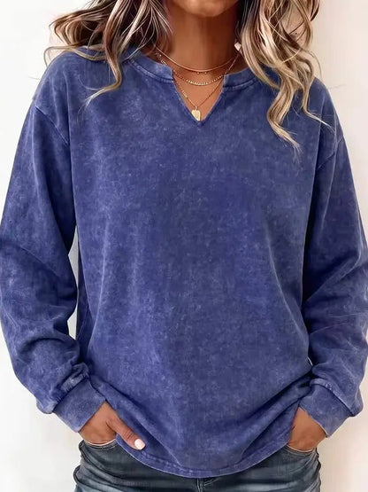 Vintage Washed Cotton Split V Neck Sweatshirt