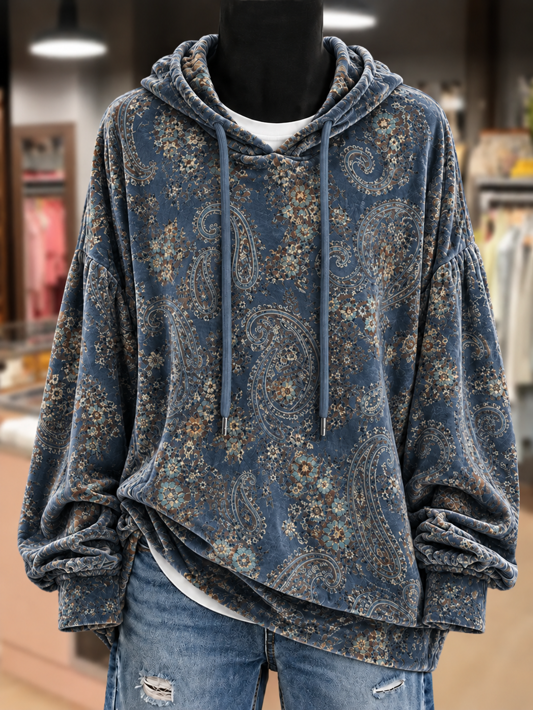 Vintage Paisley Print Velvet Hoodie Top