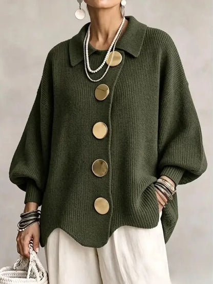 Women French Lapel Irregular Hem Lantern Sleeve Knit Cardigan