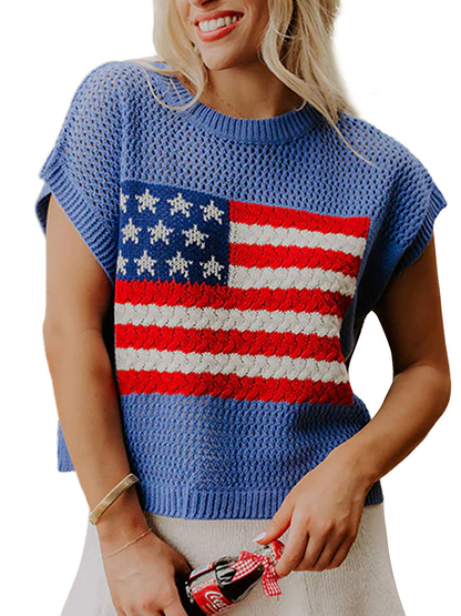 Women's American Flag Print Openwork Knit Sleeveless Sweater