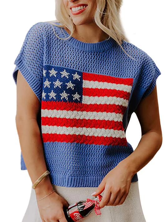 Women's American Flag Print Openwork Knit Sleeveless Sweater