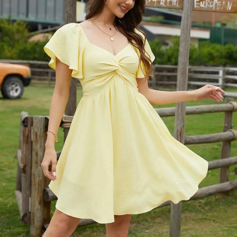 Women's Summer V-neck Tie-up Ruffle Sleeve Mini Chiffon Dress