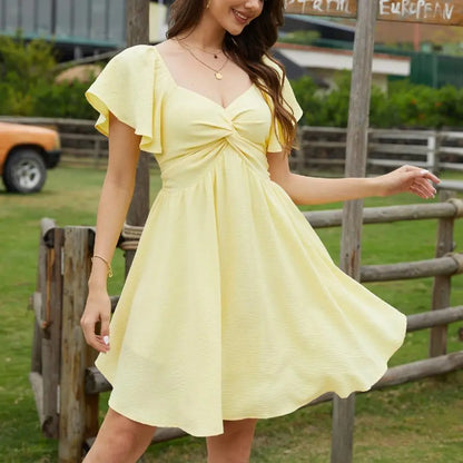 Women's Summer V-neck Tie-up Ruffle Sleeve Mini Chiffon Dress