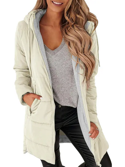 Women Hooded Drawstring Mid Puffer Coat
