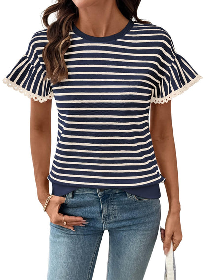 HOT SALE Women's Knit Striped Color Block Ruffled Short Sleeve Top（buy 2 free shipping）