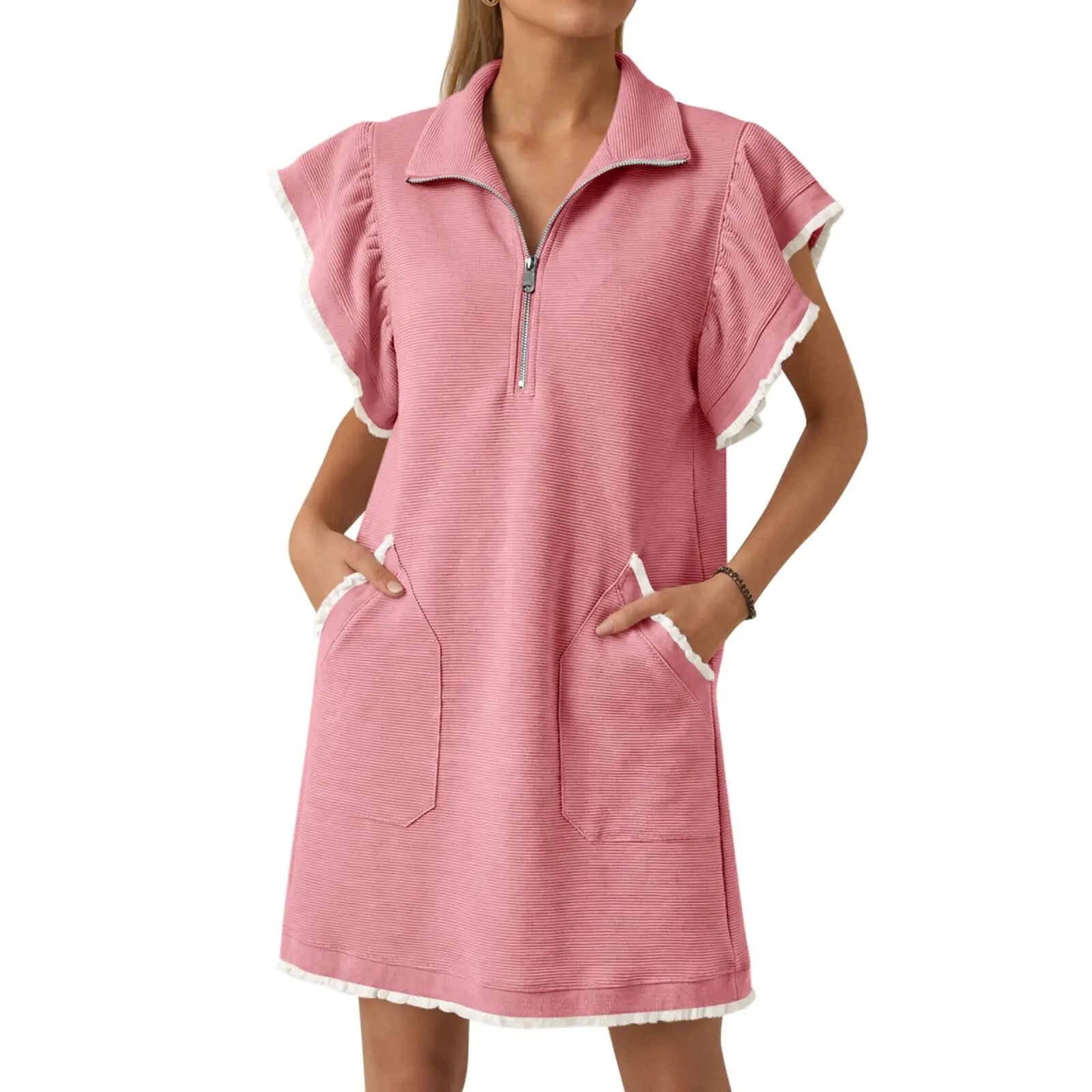 Womens Ruffle Sleeve Sweatshirt Dress Summer Oversized Zipper V Neck Mini Dresses