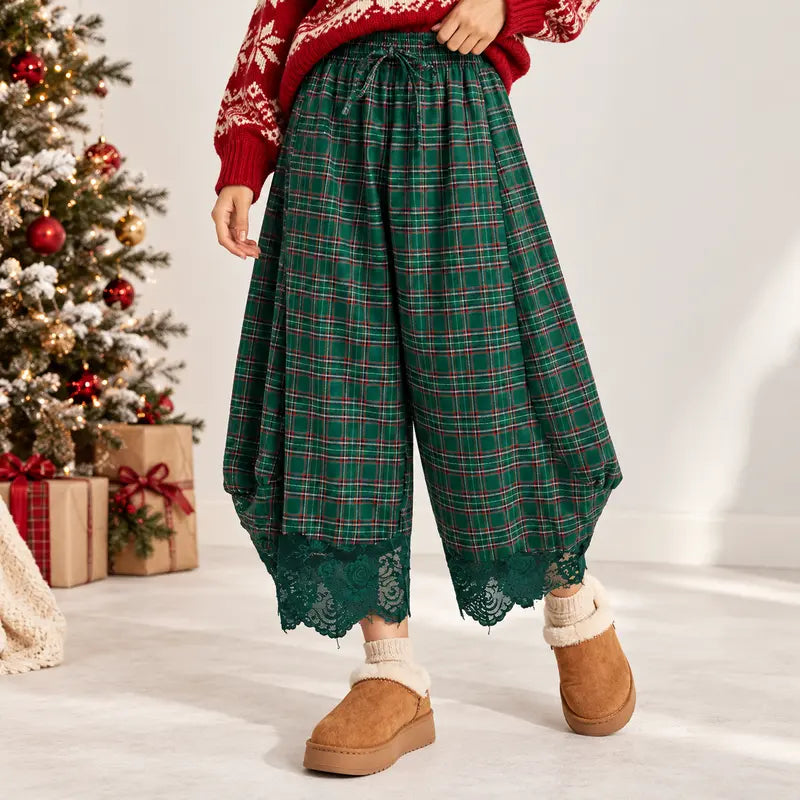 Women's Elastic Waist Drawstring Loose Casual Plaid Lace Trim Harem Pants