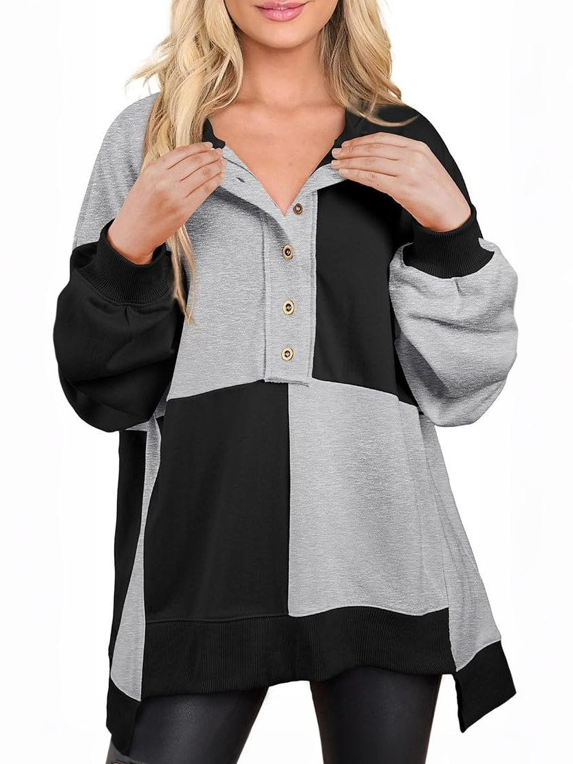 Women's Color Block Henley Oversized Sweatshirt