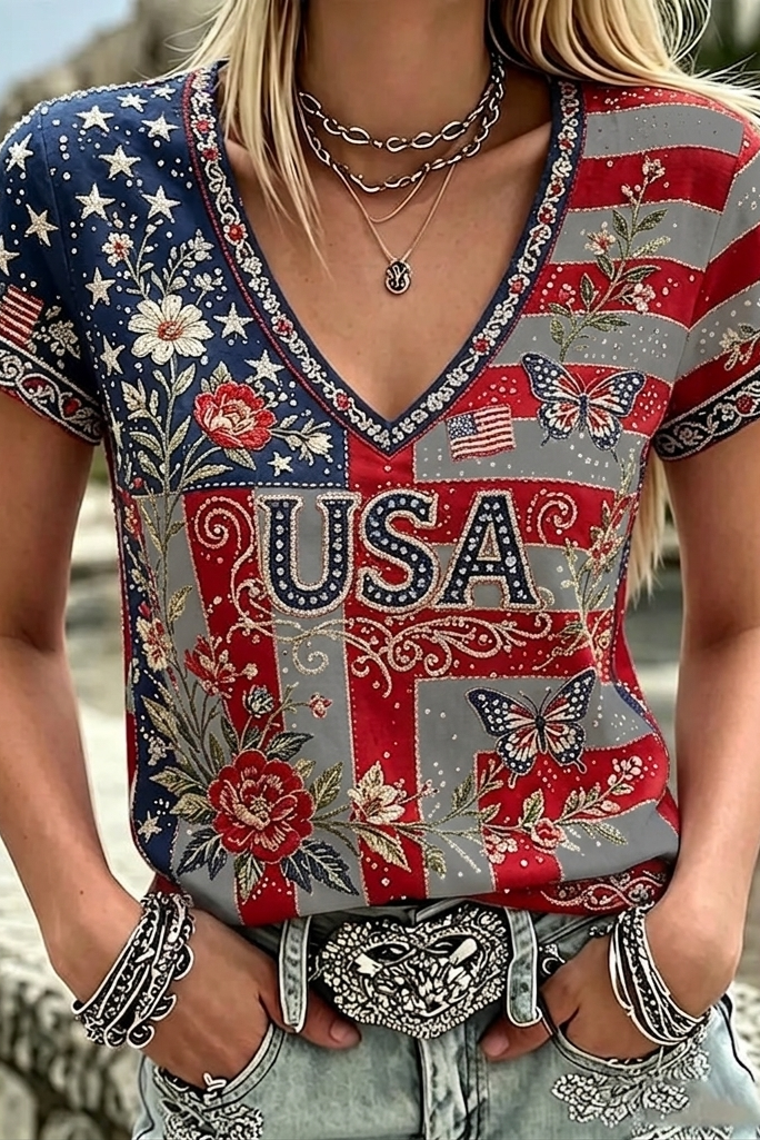 Women's Vintage Anniversary Flag Flower Art Print V Neck Linen Blend T-shirt