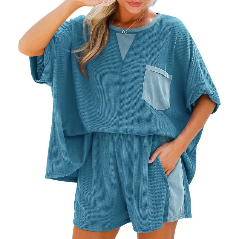 HOT SALE Women's Waffle Knit 2 Piece Oversized T-Shirt Casual Shorts Set