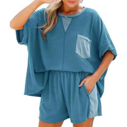 HOT SALE Women's Waffle Knit 2 Piece Oversized T-Shirt Casual Shorts Set