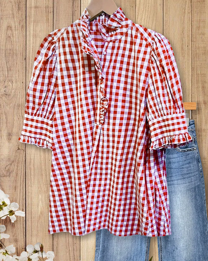 ✨Grid Smart Ruffles Trim Puff Sleeve Blouse(BUY 2 FREE SHIPPING)