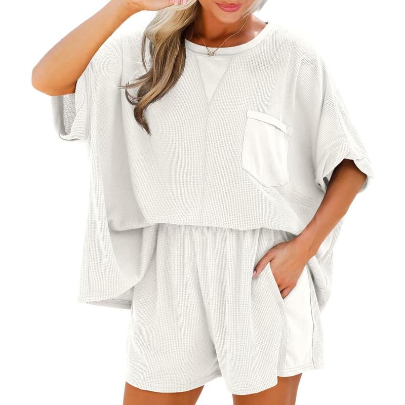 HOT SALE Women's Waffle Knit 2 Piece Oversized T-Shirt Casual Shorts Set