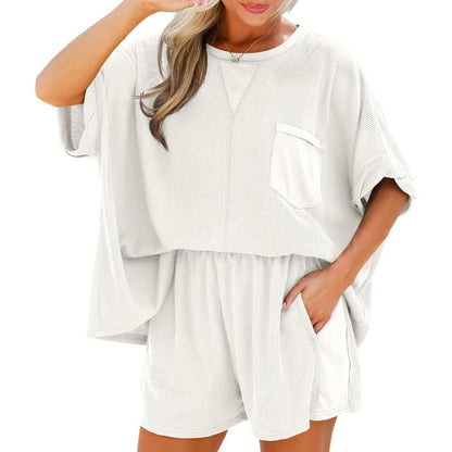 HOT SALE Women's Waffle Knit 2 Piece Oversized T-Shirt Casual Shorts Set