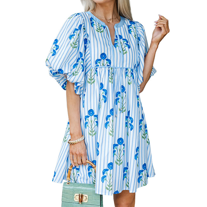 Women's Blue Floral Stripe Puff Sleeve Mini Dress