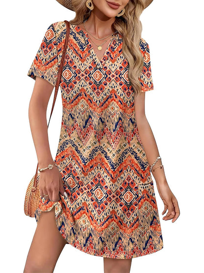 HOT SALE Women's Casual Printed V Neck Short Sleeve Pocket Midi Dress